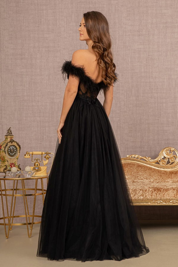 La Merchandise LAS3138 Feather A-line Embroidered Gown - - LA Merchandise