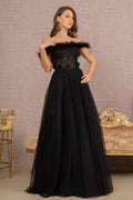La Merchandise LAS3138 Feather A-line Embroidered Gown - BLACK - LA Merchandise