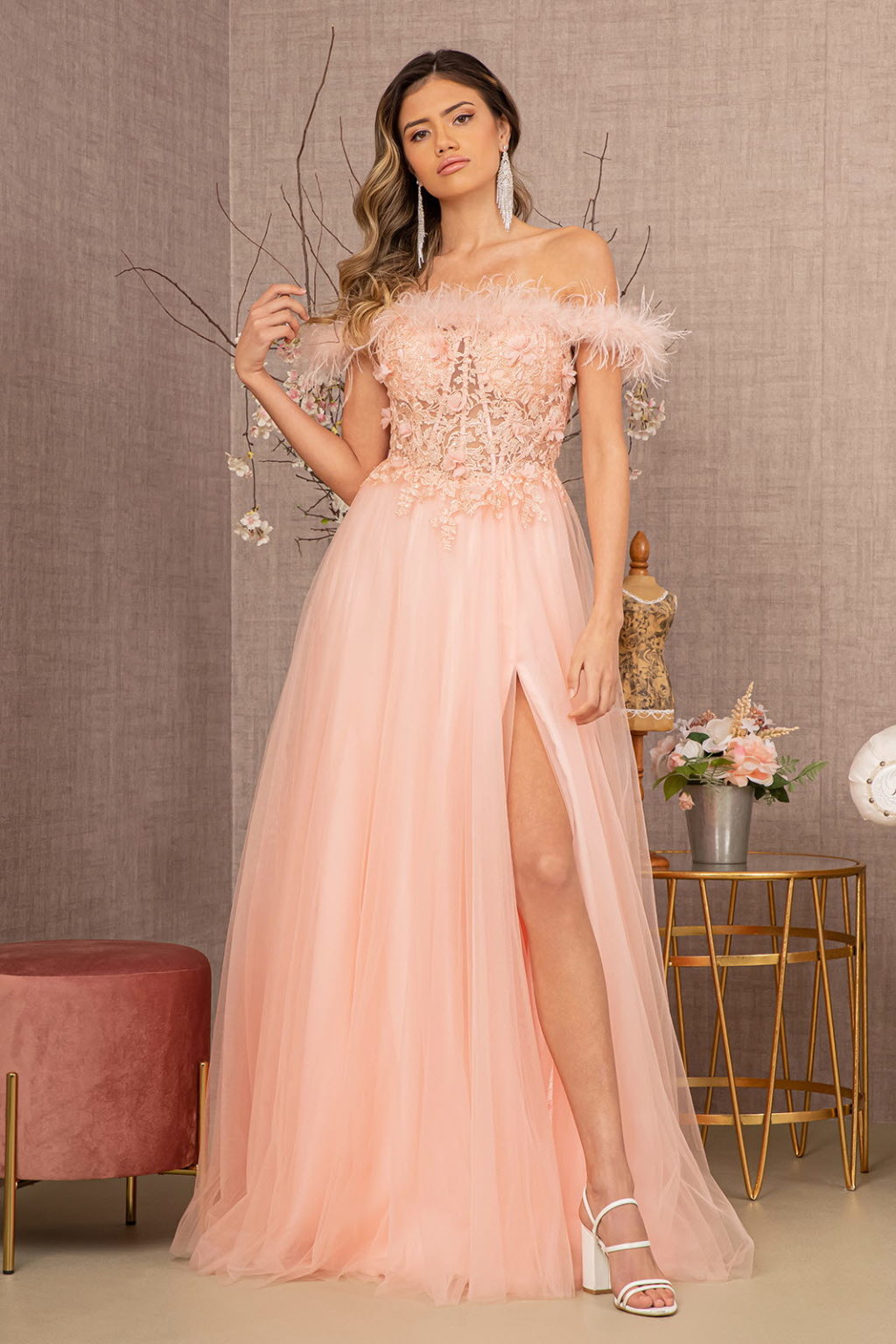 La Merchandise LAS3138 Feather A-line Embroidered Gown - BLUSH - LA Merchandise
