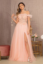 La Merchandise LAS3138 Feather A-line Embroidered Gown - BLUSH - LA Merchandise