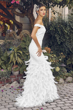 La Merchandise LAXC1106B Off Shoulder Feather Long Bridal White Dress - - Dress LAX