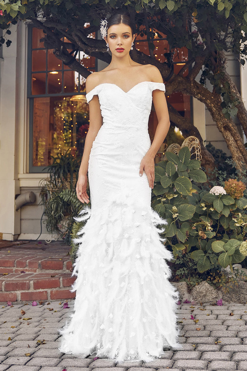 La Merchandise LAXC1106B Off Shoulder Feather Long Bridal White Dress - WHITE - Dress LAX