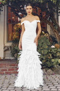 La Merchandise LAXC1106B Off Shoulder Feather Long Bridal White Dress - WHITE - Dress LAX