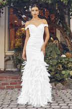 La Merchandise LAXC1106B Off Shoulder Feather Long Bridal White Dress - WHITE - Dress LAX