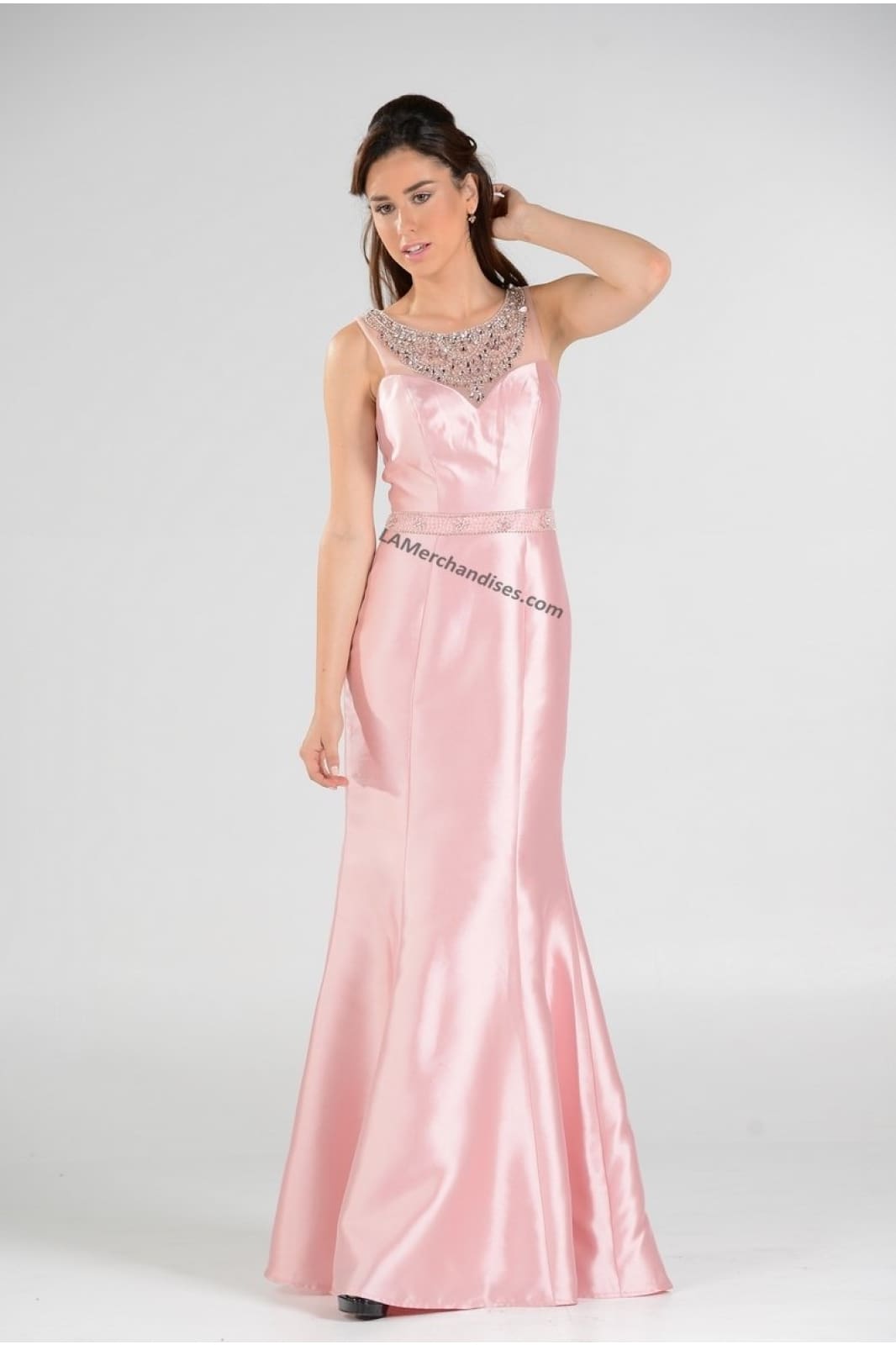 La Merchandise LAY7722 Sleeveless Rhinestone Mikado Mermaid Dress - Blush - LA Merchandise