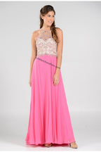 La Merchandise LAY7826 Long Detailed Halter Chiffon Formal Prom Dress - Pink - LA Merchandise