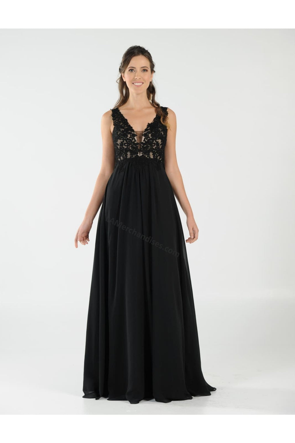 La Merchandise LAY8012 Sleeveless Lace & Chiffon Long Evening Dress - Black - LA Merchandise
