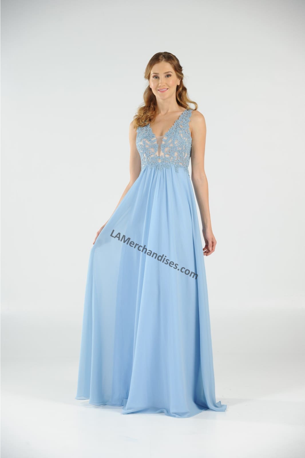 La Merchandise LAY8012 Sleeveless Lace & Chiffon Long Evening Dress - Ice Blue - LA Merchandise