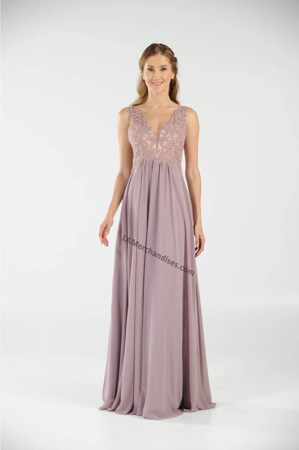 La Merchandise LAY8012 Sleeveless Lace & Chiffon Long Evening Dress - Mauve - LA Merchandise