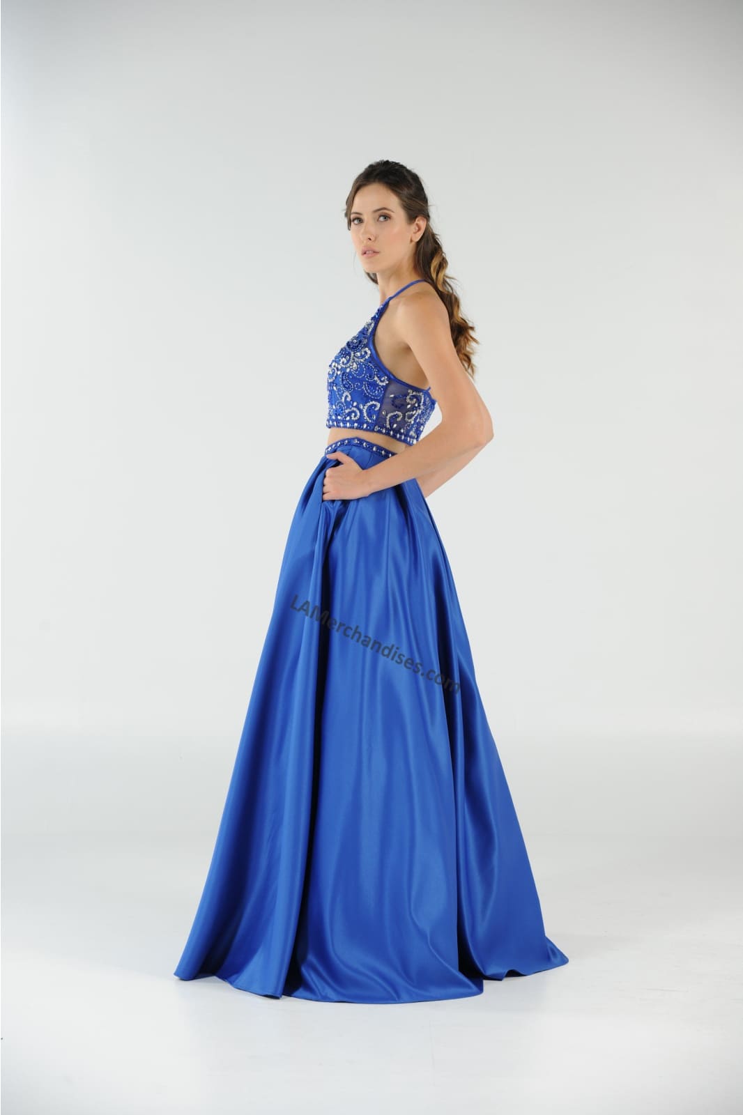 La Merchandise LAY8210 Beaded Top with Long Satin Skirt & Side Pockets - - LAY