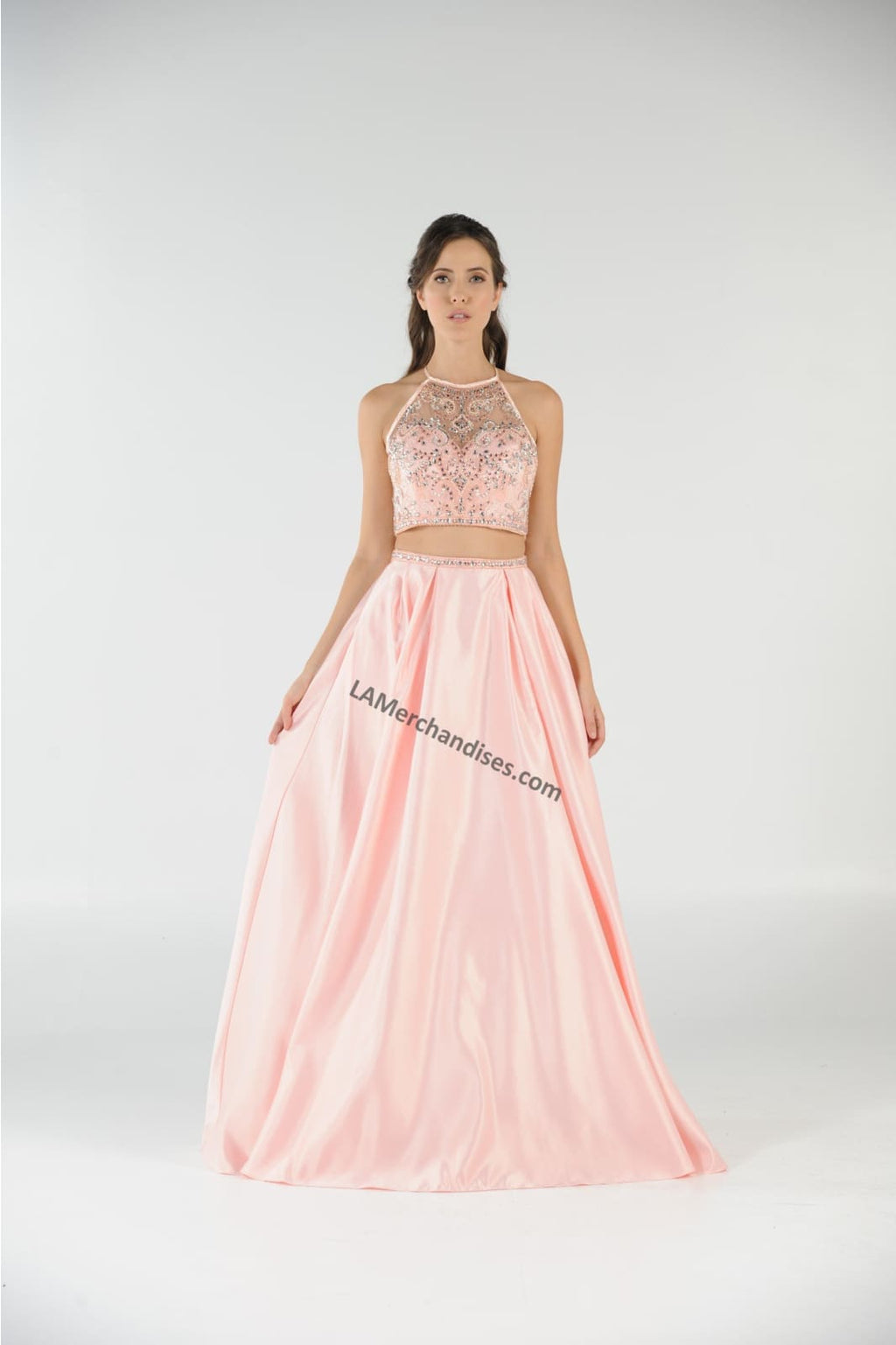 La Merchandise LAY8210 Beaded Top with Long Satin Skirt & Side Pockets - Blush - LAY