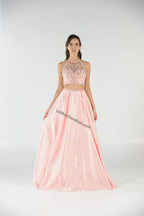 La Merchandise LAY8210 Beaded Top with Long Satin Skirt & Side Pockets - Blush - LAY