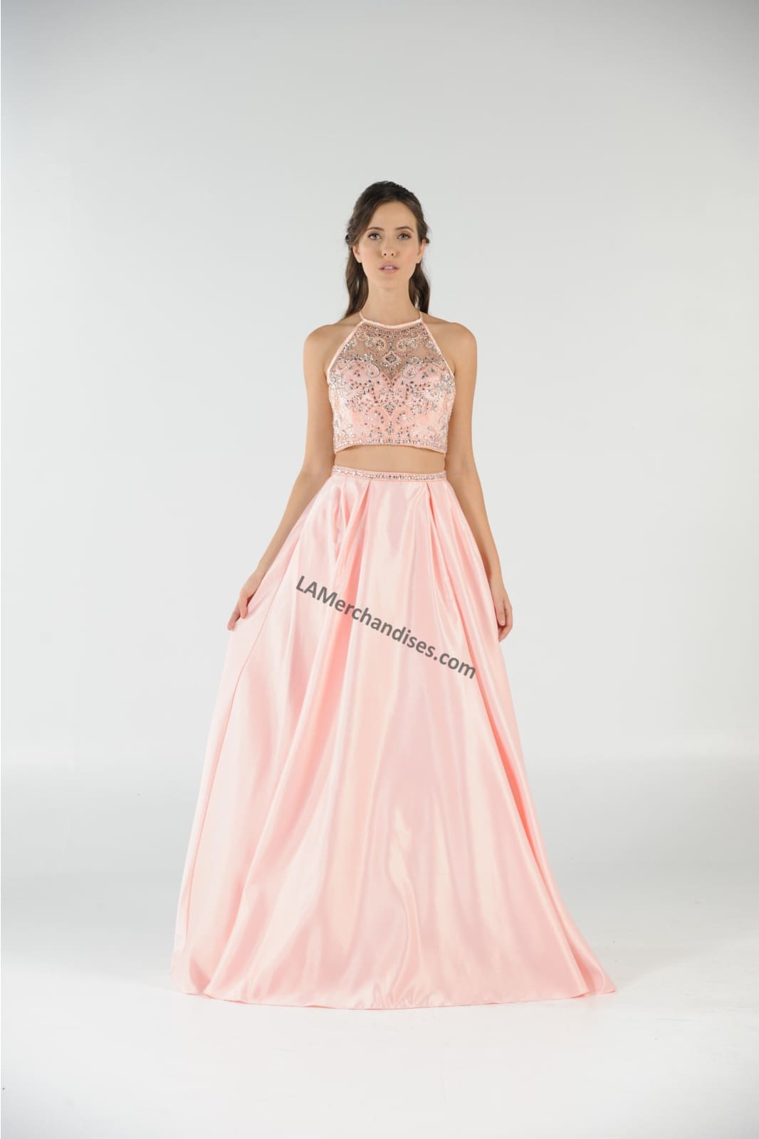 La Merchandise LAY8210 Beaded Top with Long Satin Skirt & Side Pockets - Blush - LAY