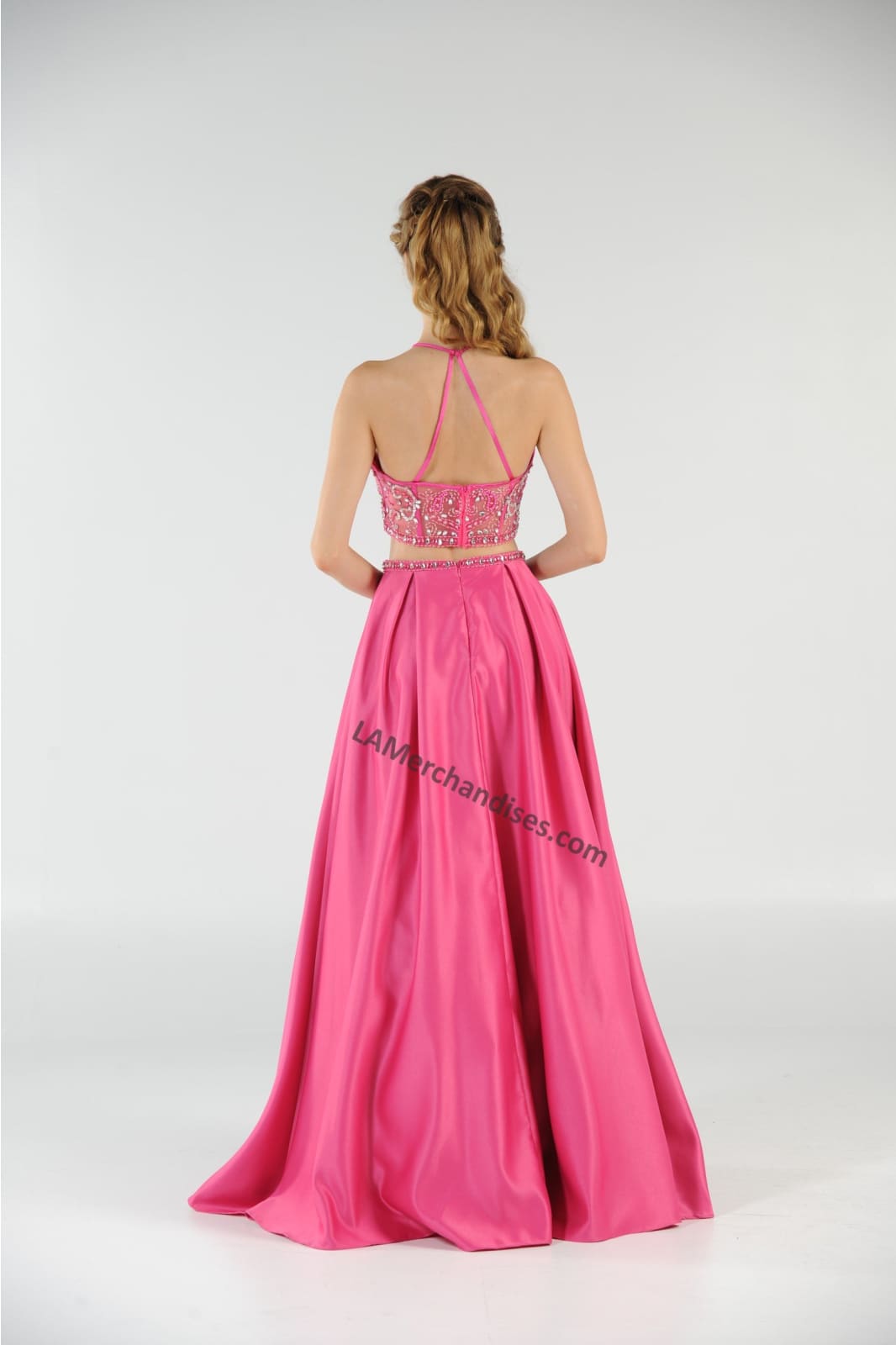 La Merchandise LAY8210 Beaded Top with Long Satin Skirt & Side Pockets - Hot Pink - LAY