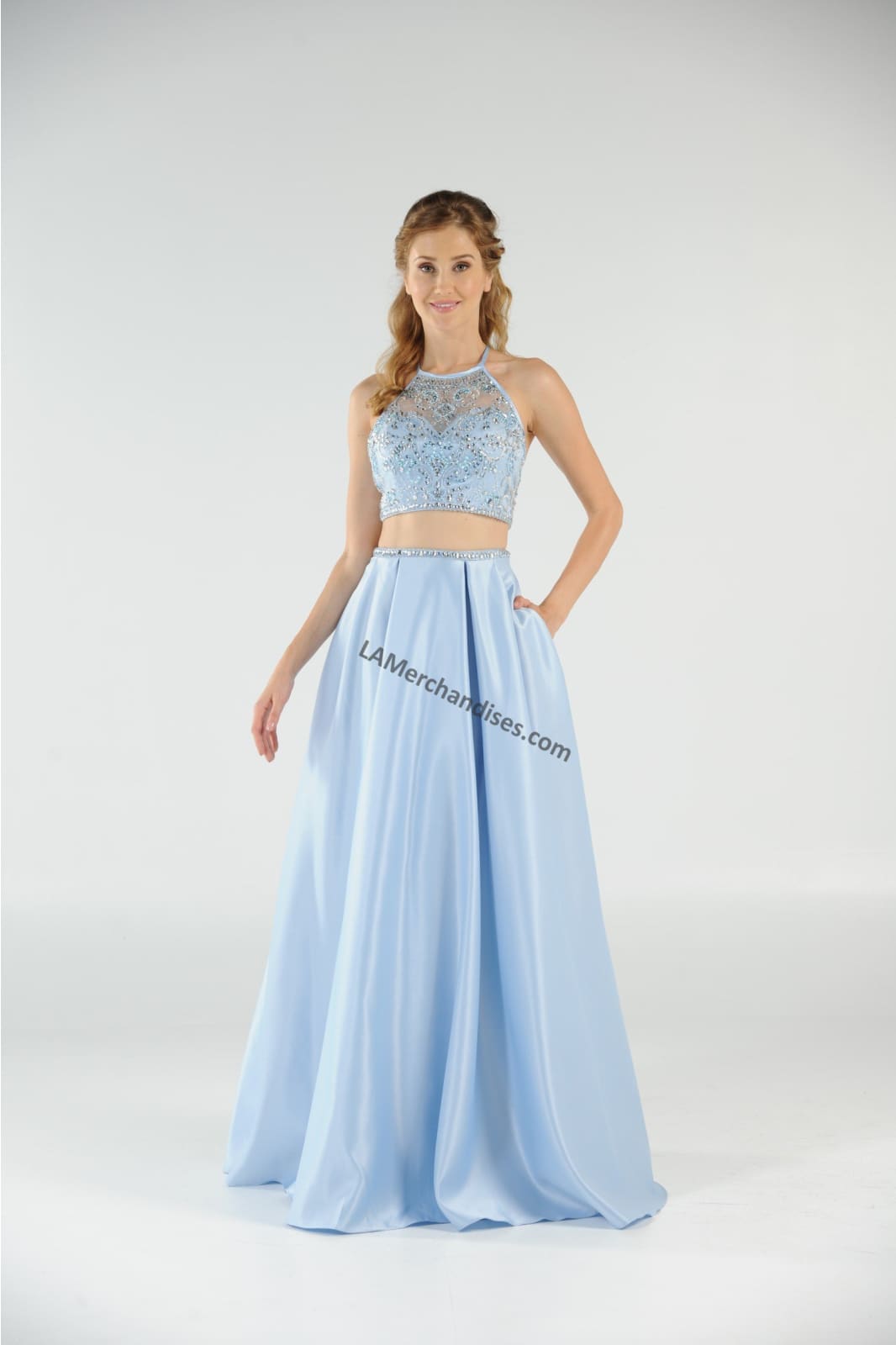 La Merchandise LAY8210 Beaded Top with Long Satin Skirt & Side Pockets - Light Blue - LAY