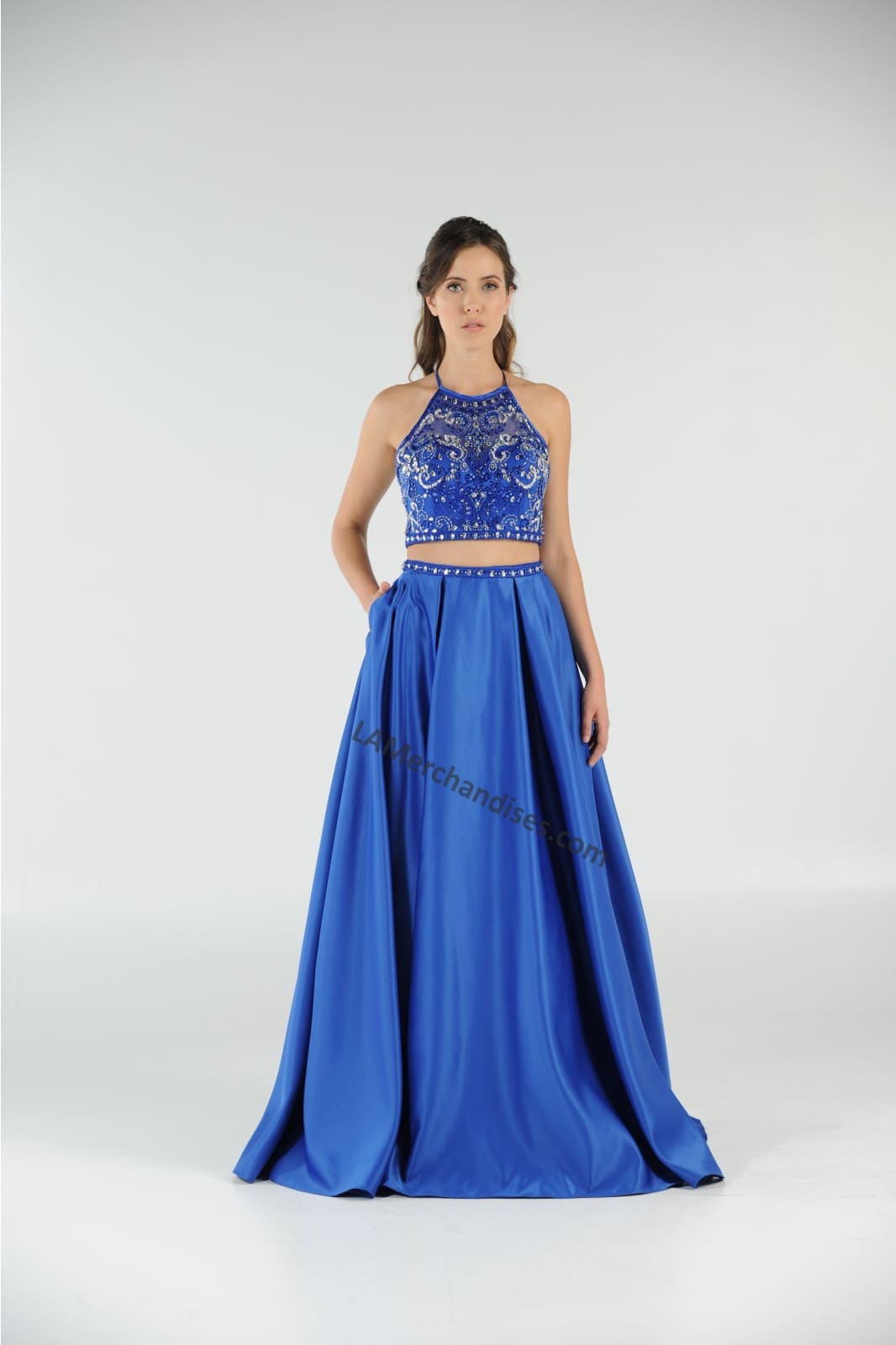 La Merchandise LAY8210 Beaded Top with Long Satin Skirt & Side Pockets - Royal - LAY