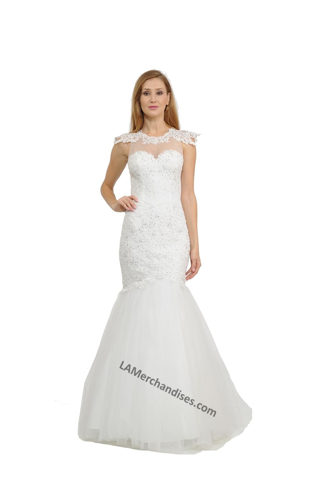 La Merchandise LAY8226B Cap Sleeve Lace Open Back Bridal Mermaid Gown - OFF-WHITE - LA Merchandise