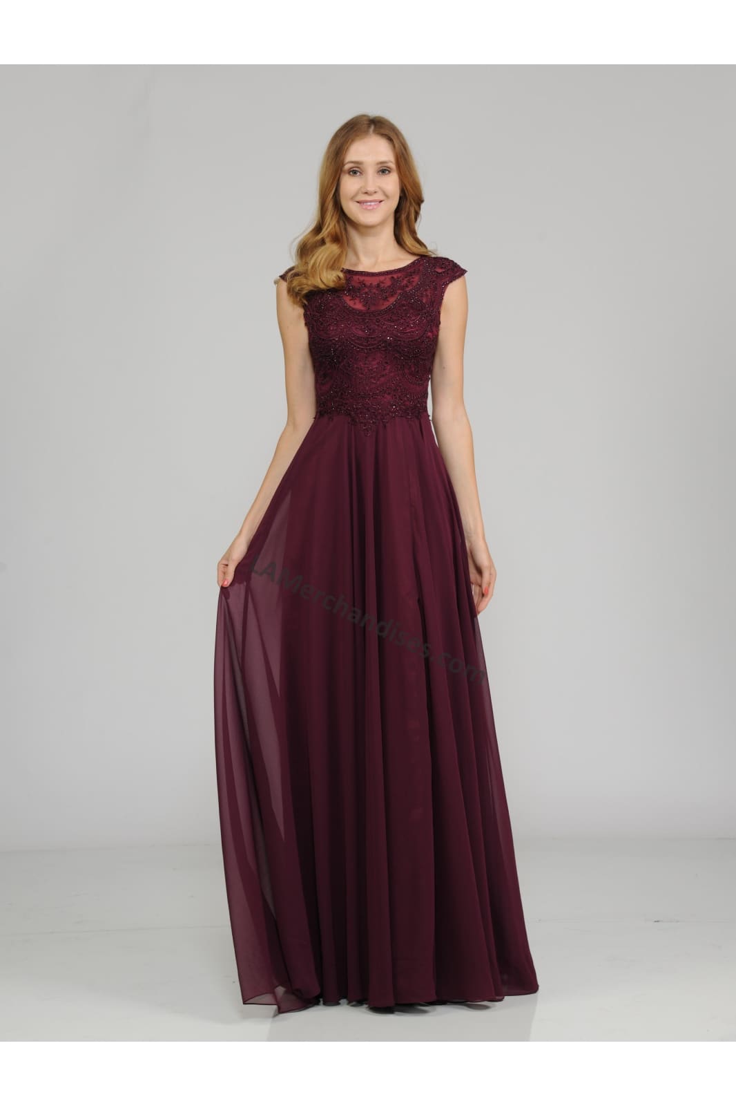 La Merchandise LAY8254 Cap sleeve long chiffon Mother of Bride dress - - LA Merchandise