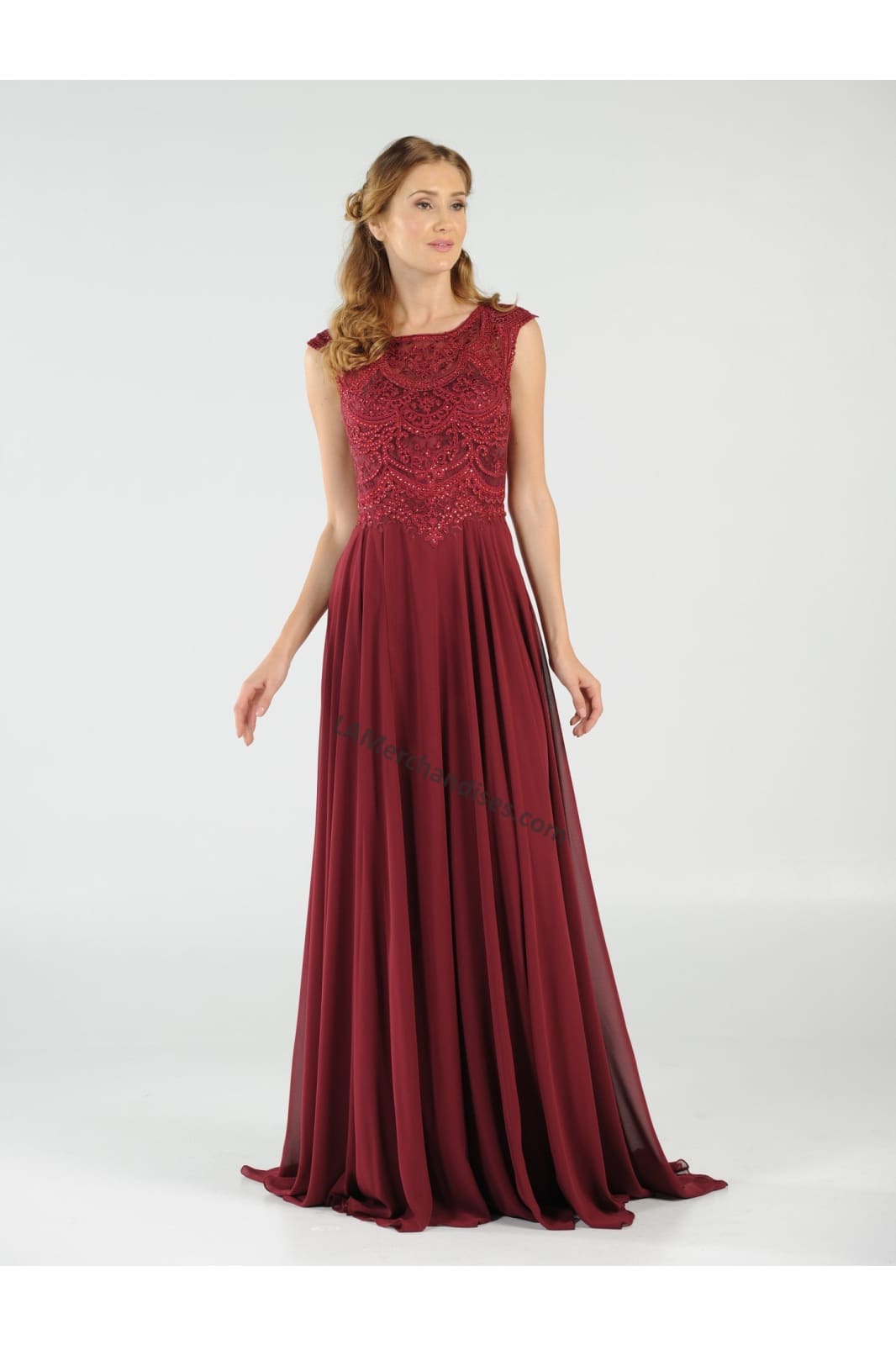 La Merchandise LAY8254 Cap sleeve long chiffon Mother of Bride dress - Burgundy - LA Merchandise