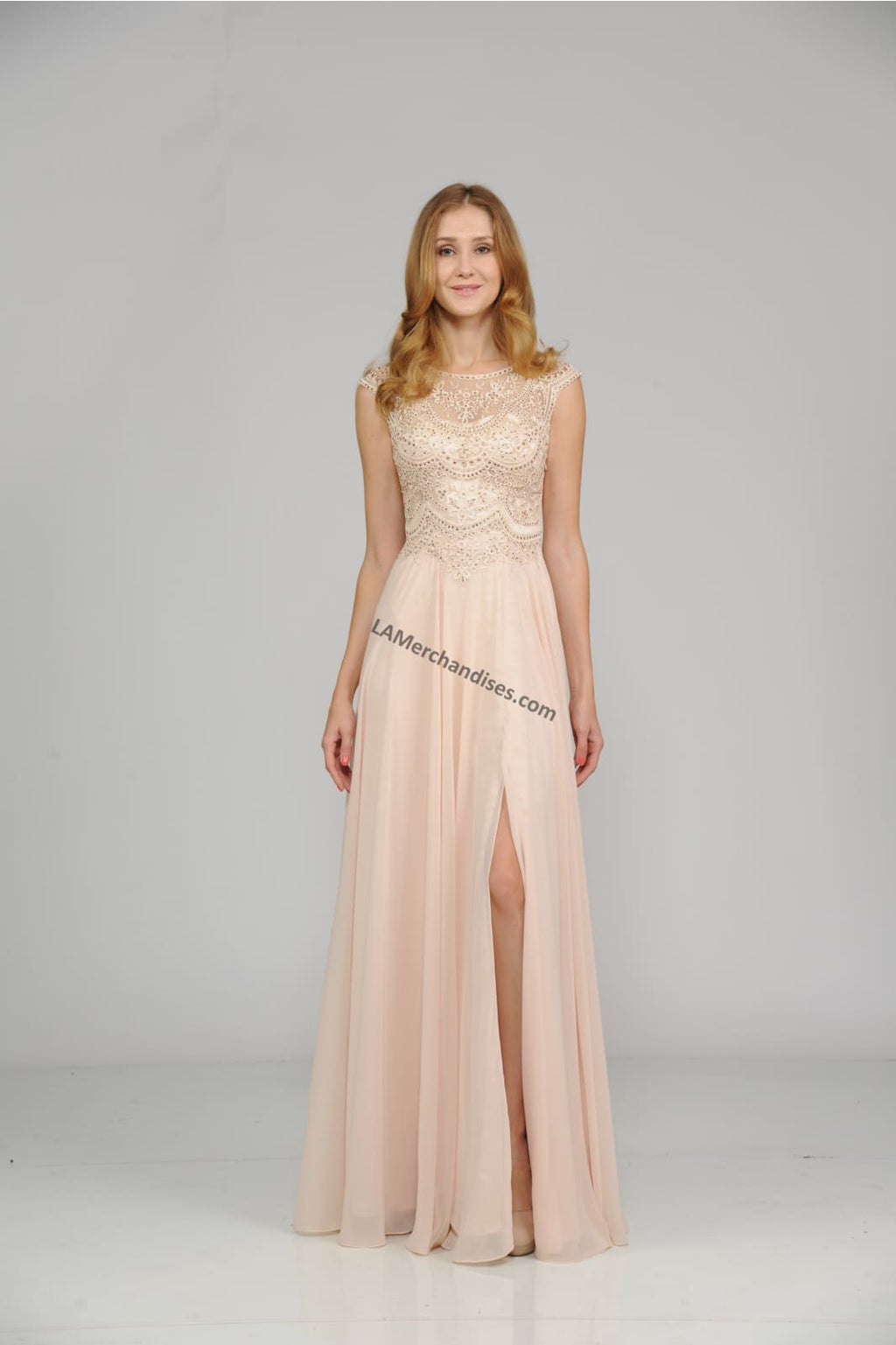 La Merchandise LAY8254 Cap sleeve long chiffon Mother of Bride dress - Champagne - LA Merchandise