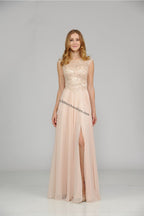 La Merchandise LAY8254 Cap sleeve long chiffon Mother of Bride dress - Champagne - LA Merchandise
