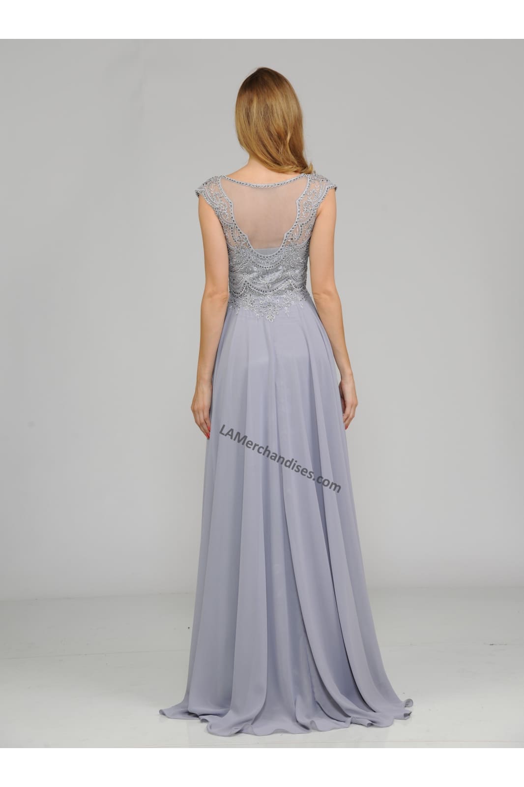 La Merchandise LAY8254 Cap sleeve long chiffon Mother of Bride dress - Silver - LA Merchandise