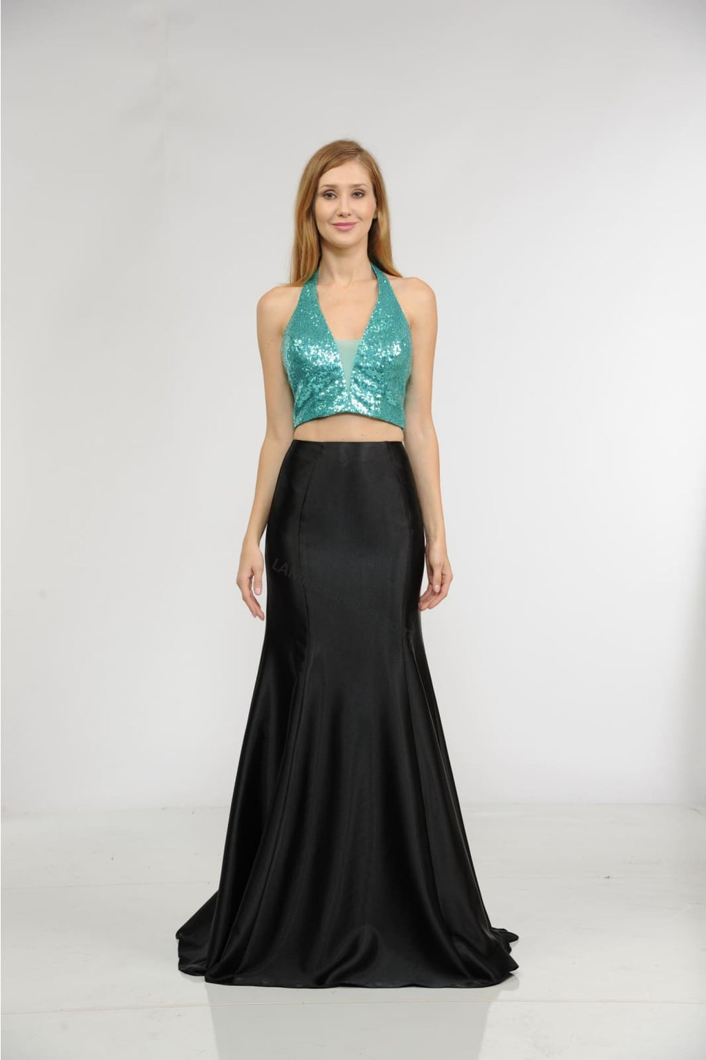 La Merchandise LAY8294 2 Piece Set Halter sequins top & long skirt - Jade - LA Merchandise