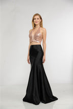 La Merchandise LAY8294 2 Piece Set Halter sequins top & long skirt - Rose Gold - LA Merchandise