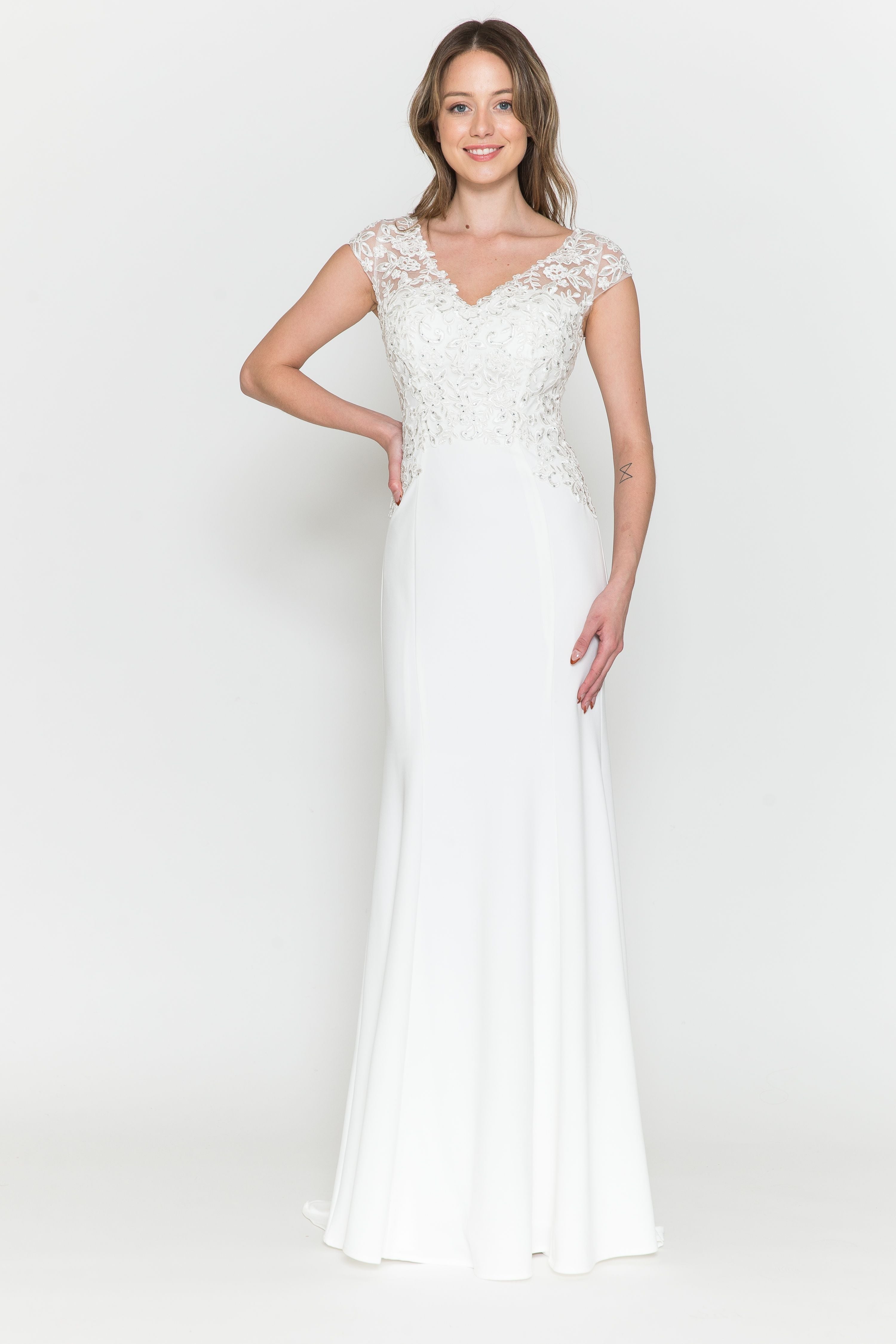 La Merchandise LAY8558B Elegant Wedding Lace Cap Sleeve Bridal Gown - Off White Ivory - LA Merchandise