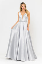 La Merchandise LAY8682 Beautiful Mikado Pageant Long Formal Prom Gown - SILVER - LAY