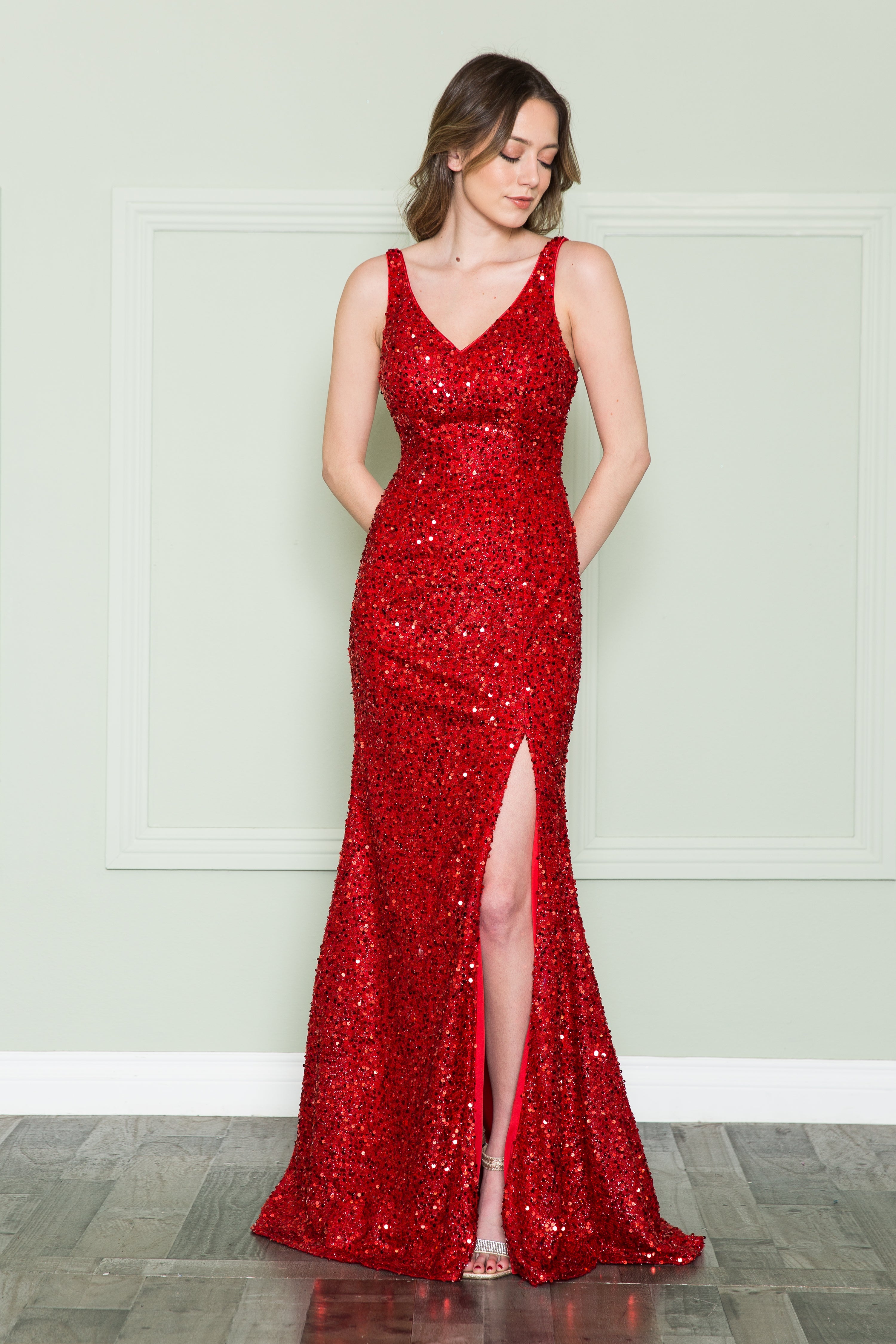 La Merchandise LAY8872 Hot Sequin Red Carpet Formal Evening Prom Gown - RED - LA Merchandise