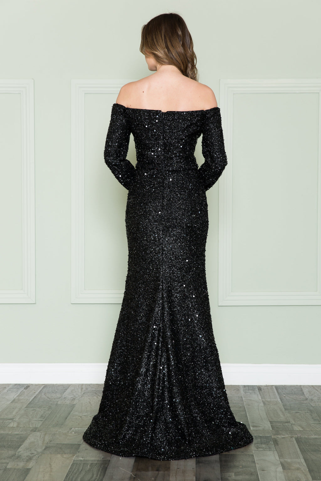 La Merchandise LAY8876 Long Sleeve Sequin Off The Shoulder Formal Gown - - LAY