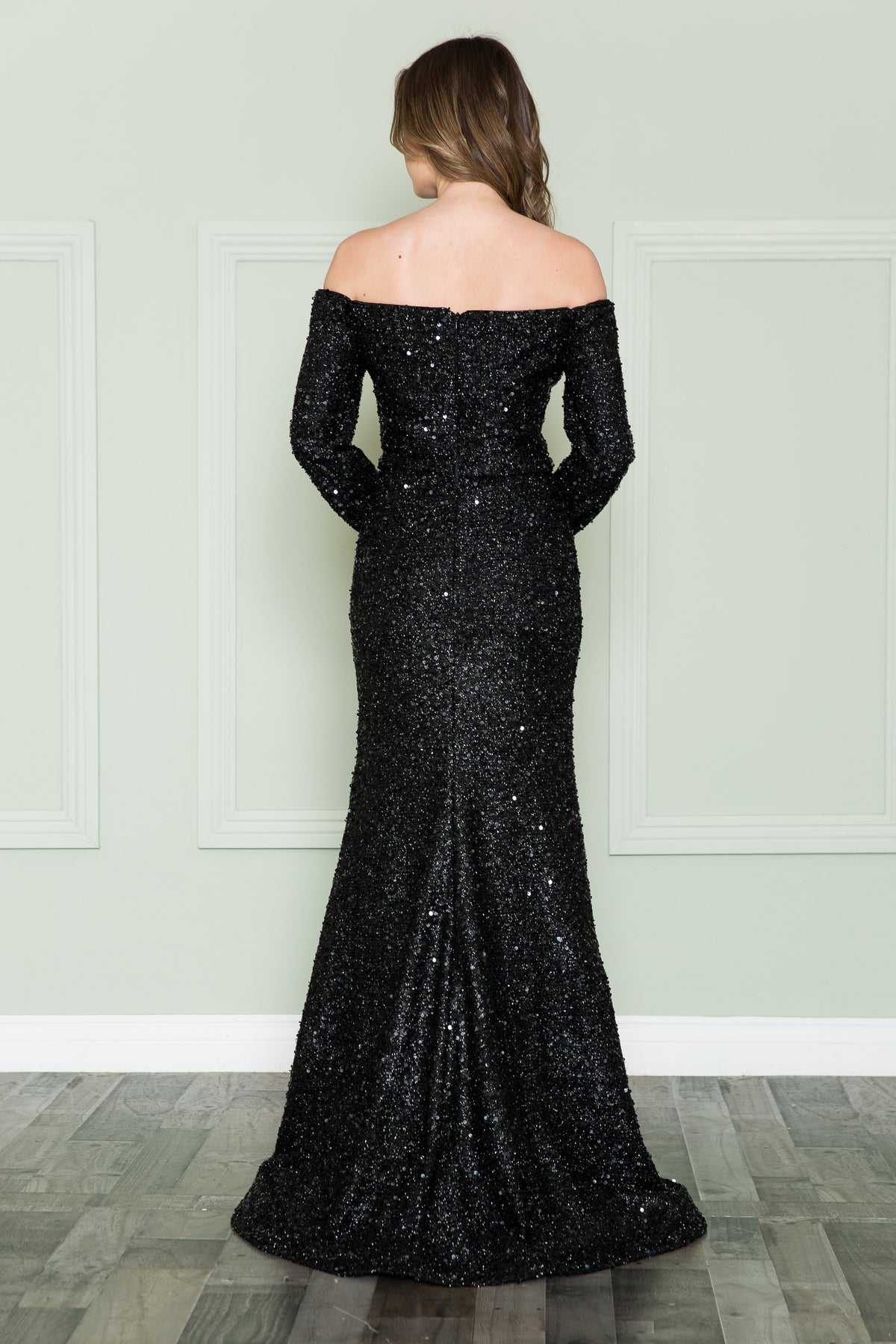 La Merchandise LAY8876 Long Sleeve Sequin Off The Shoulder Formal Gown - - LAY