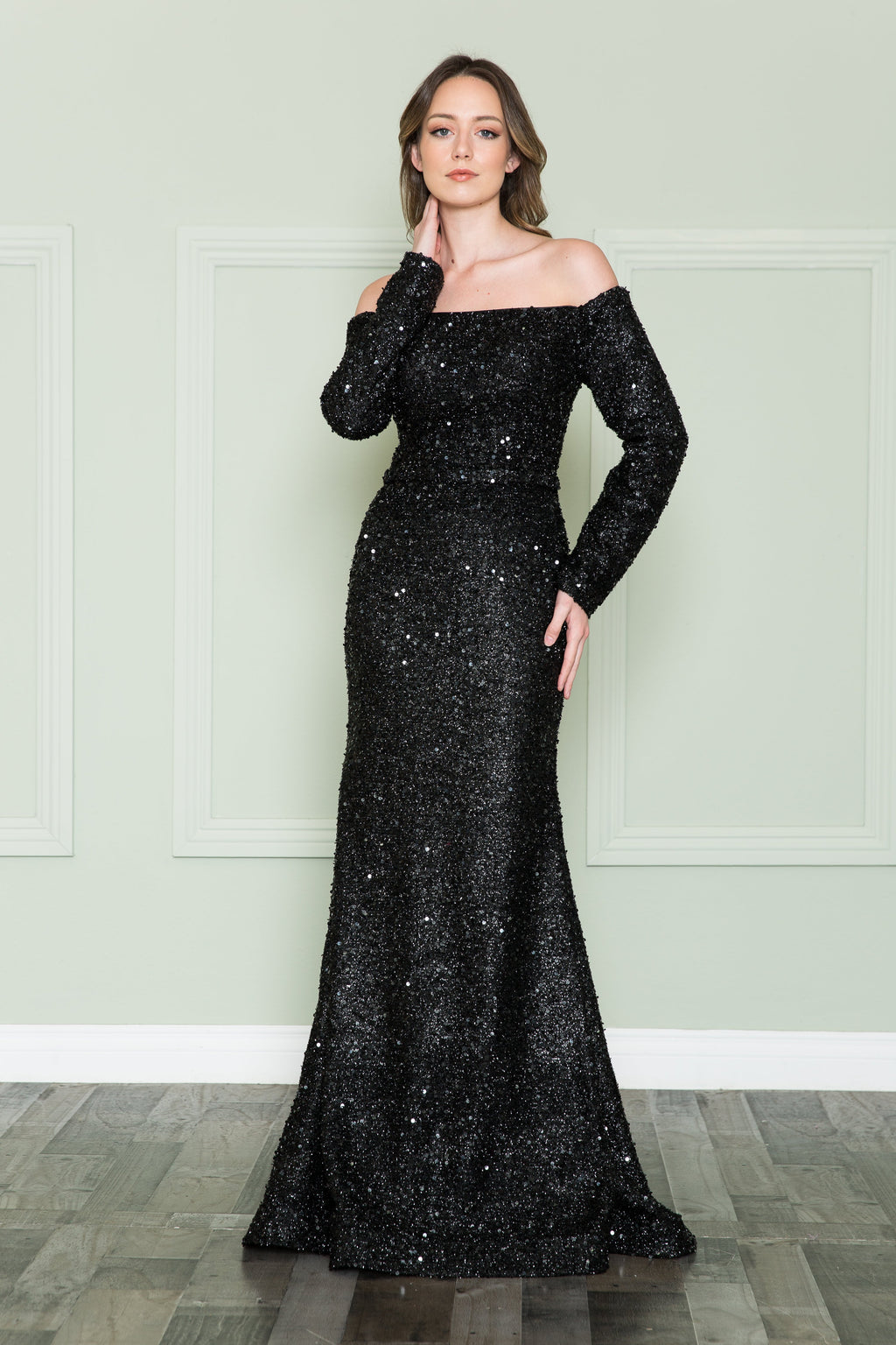 La Merchandise LAY8876 Long Sleeve Sequin Off The Shoulder Formal Gown - BLACK - LAY