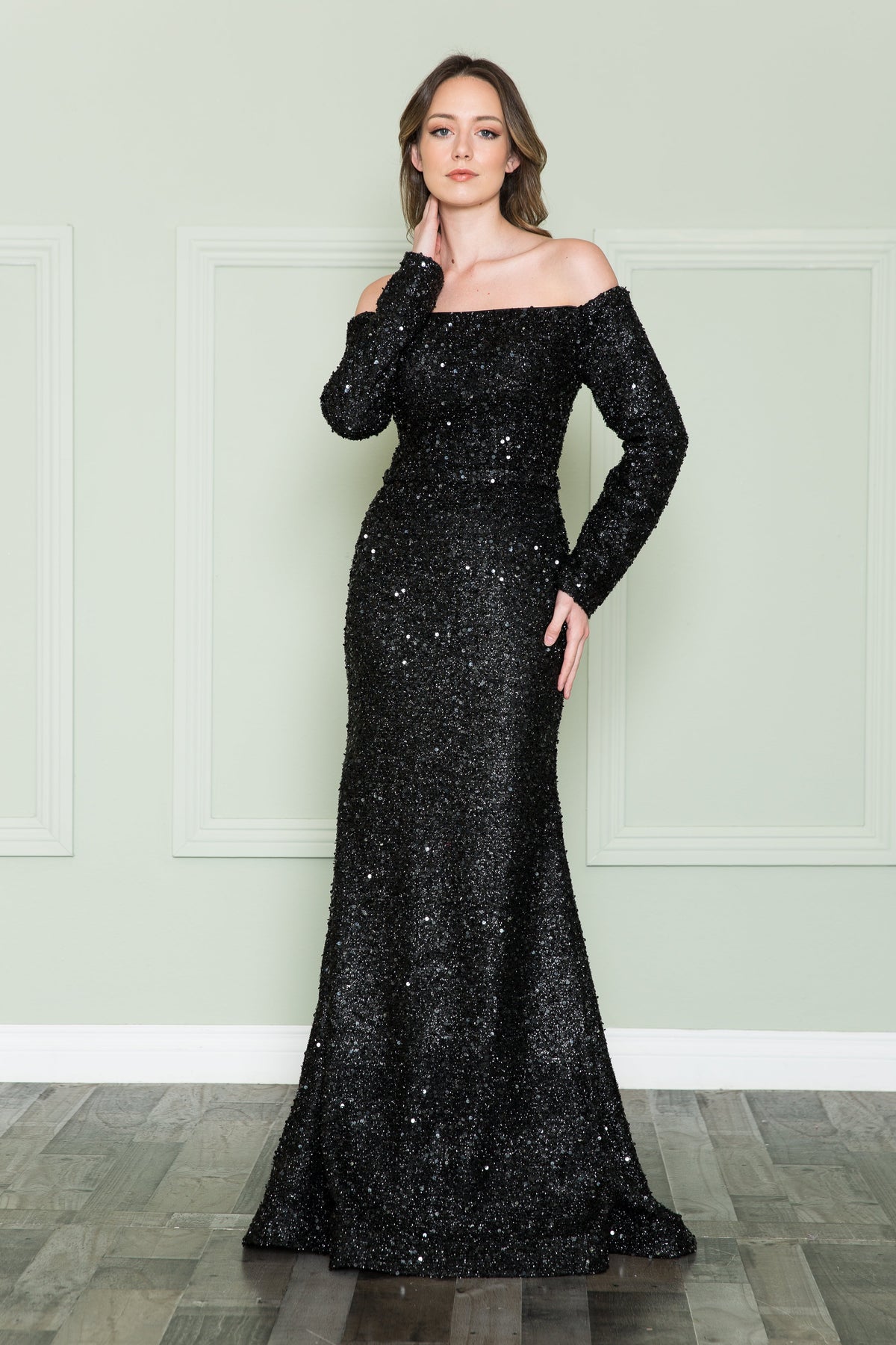 La Merchandise LAY8876 Long Sleeve Sequin Off The Shoulder Formal Gown - BLACK - LAY