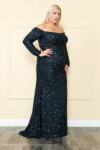 La Merchandise LAY8876 Long Sleeve Sequin Off The Shoulder Formal Gown - NAVY - LAY