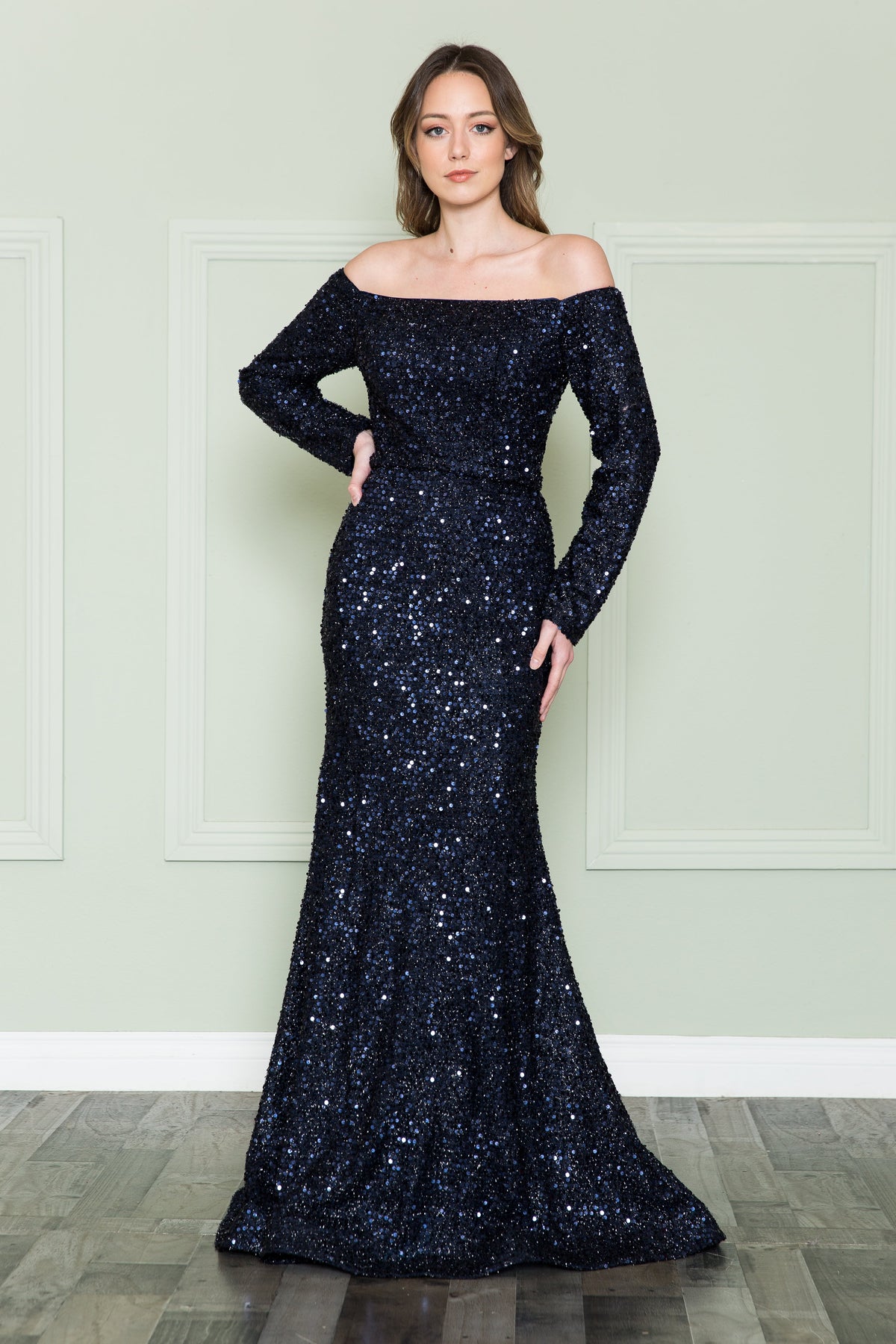 La Merchandise LAY8876 Long Sleeve Sequin Off The Shoulder Formal Gown - NAVY - LAY