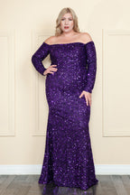 La Merchandise LAY8876 Long Sleeve Sequin Off The Shoulder Formal Gown - PURPLE - LAY