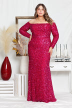 La Merchandise LAY8876 Long Sleeve Sequin Off The Shoulder Formal Gown - RED BERRY - LAY