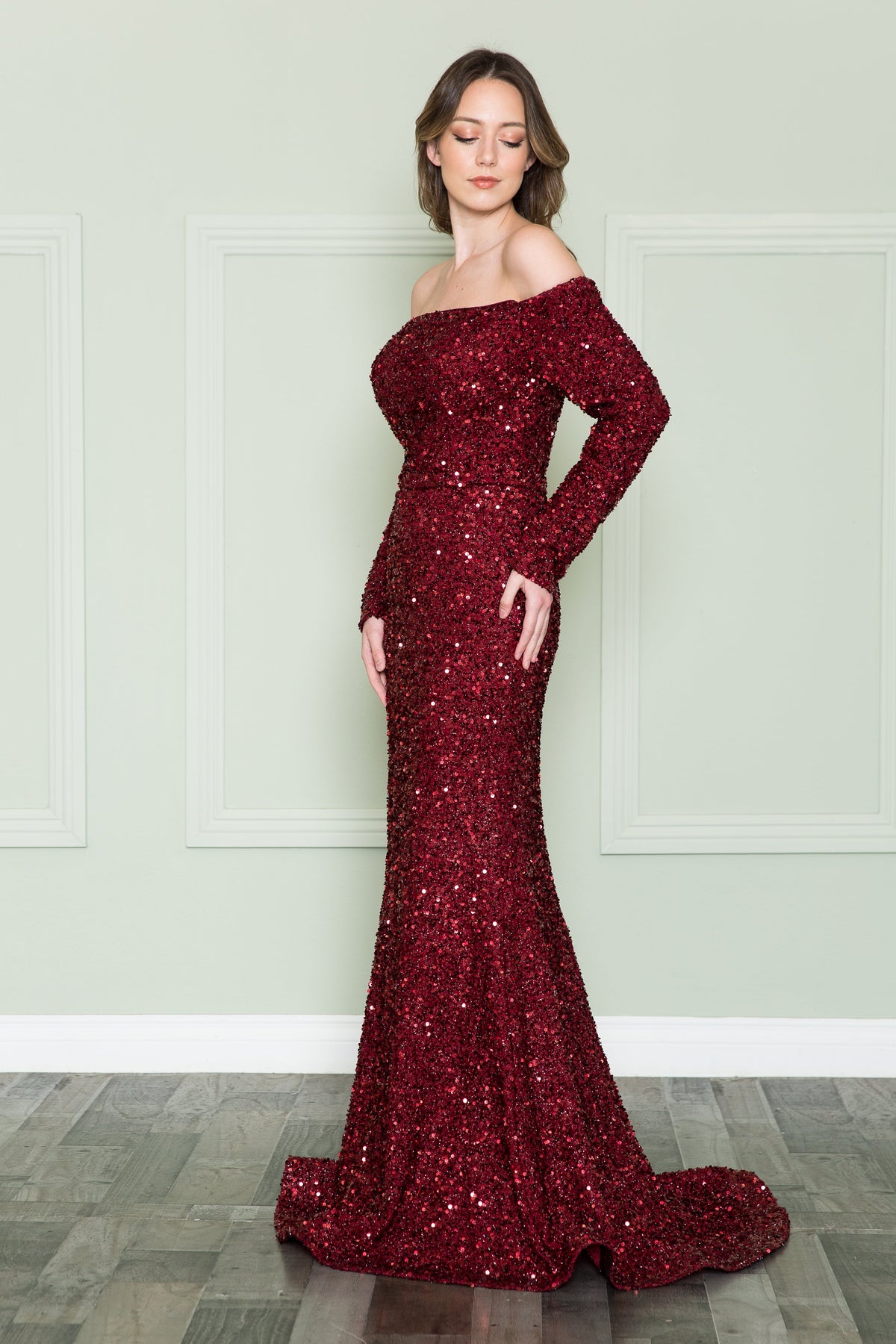 La Merchandise LAY8876 Long Sleeve Sequin Off The Shoulder Formal Gown - WINE - LAY