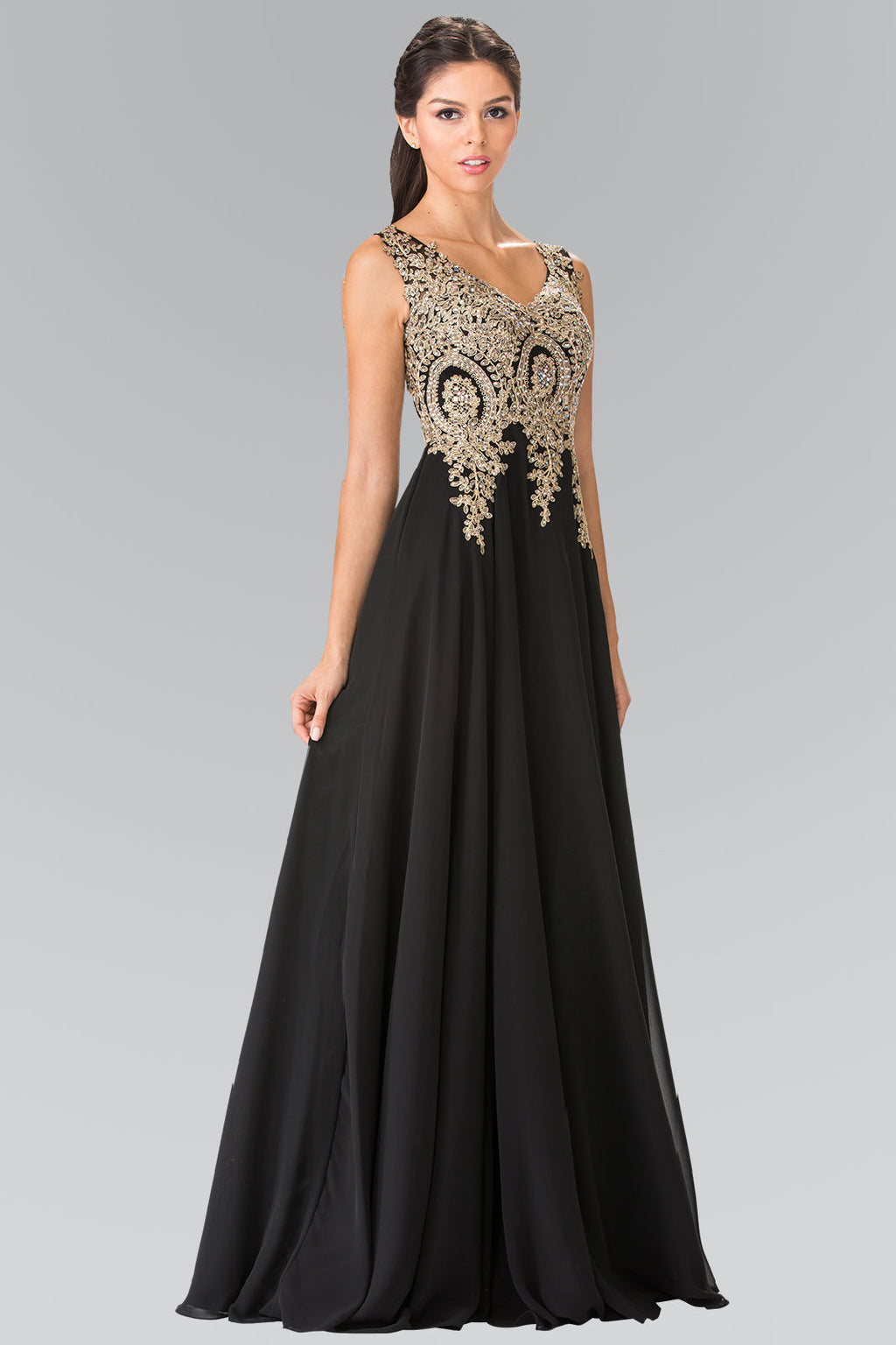 La Merchandise LAS2311 Gold Embroidered Mother Of Bride Formal Gown - BLACK - LA Merchandise