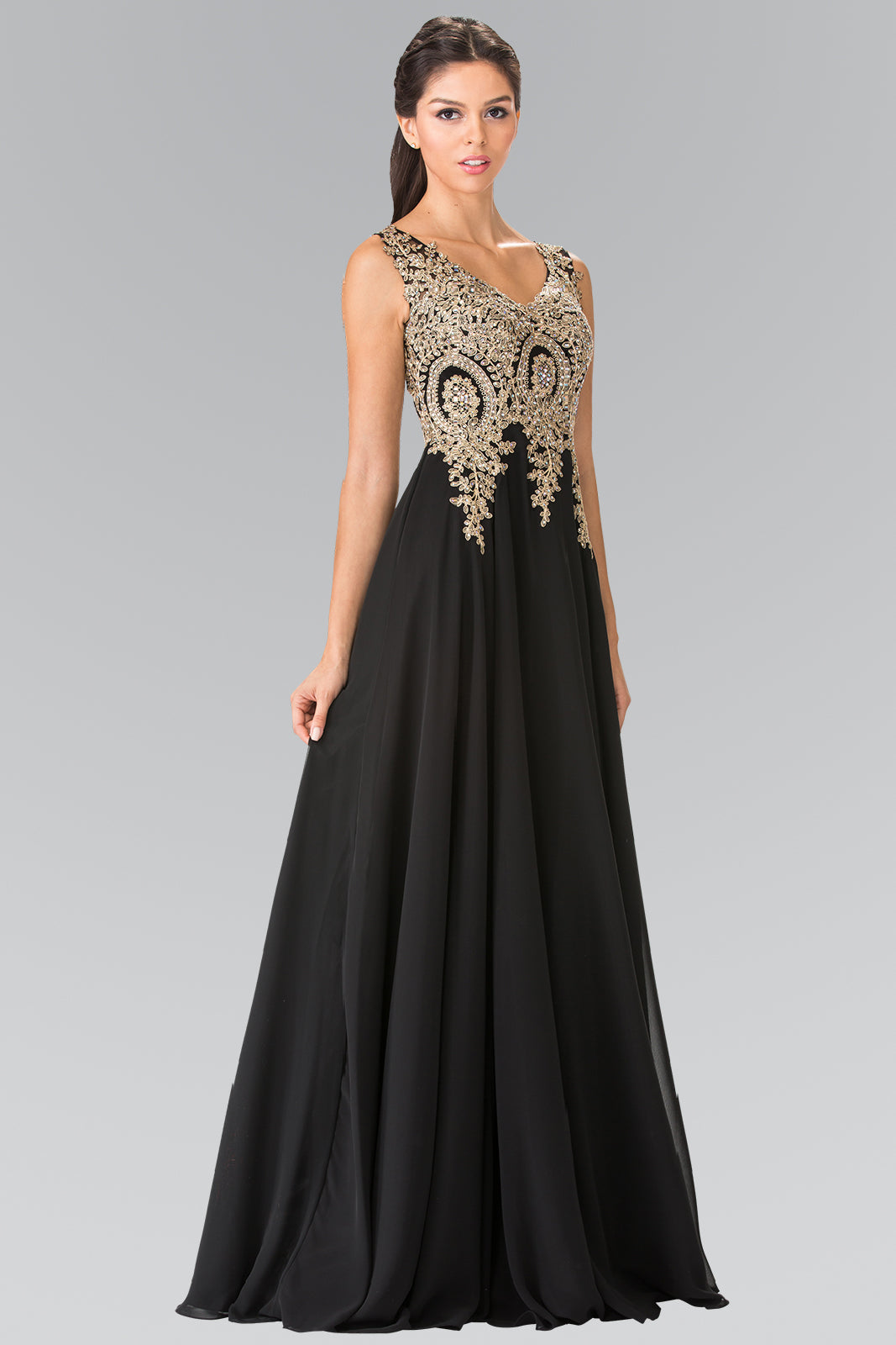 La Merchandise LAS2311 Gold Embroidered Mother Of Bride Formal Gown - BLACK - LA Merchandise