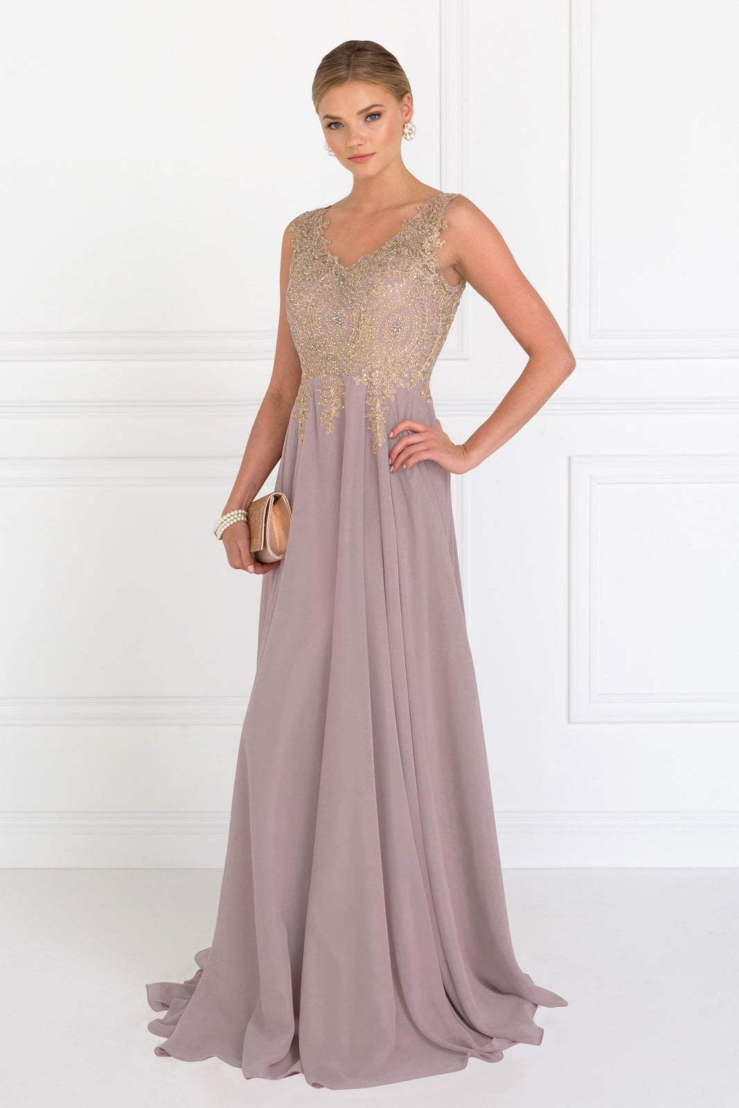 La Merchandise LAS2311 Gold Embroidered Mother Of Bride Formal Gown - MAUVE - LA Merchandise