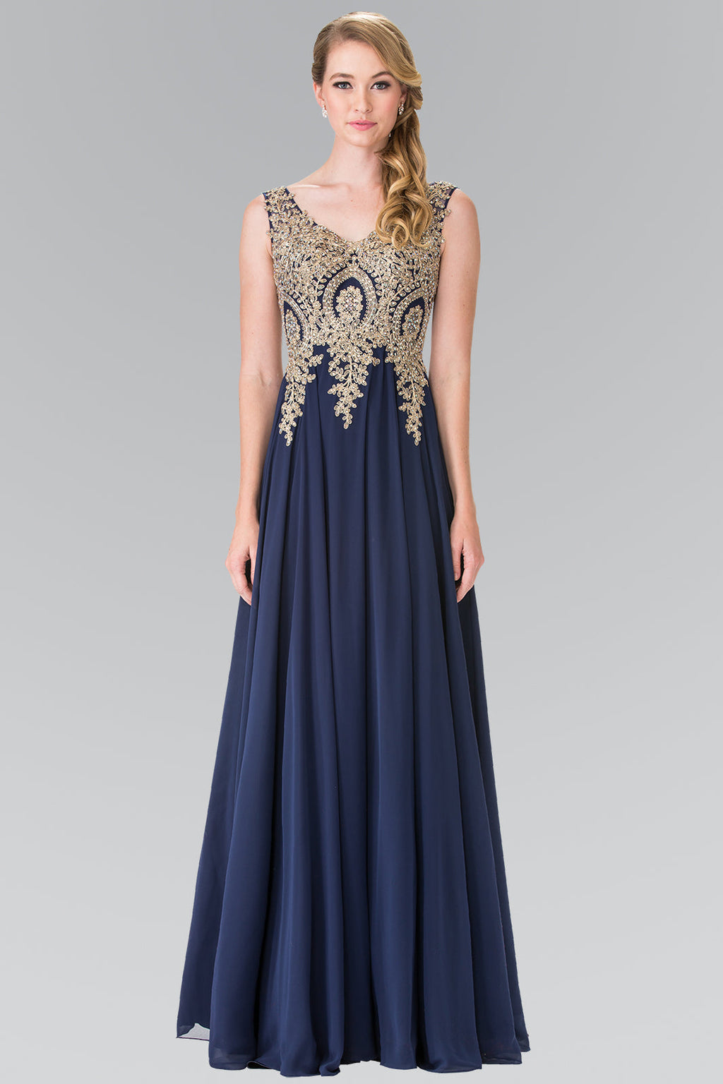 La Merchandise LAS2311 Gold Embroidered Mother Of Bride Formal Gown - NAVY - LA Merchandise