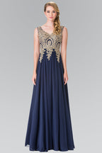 La Merchandise LAS2311 Gold Embroidered Mother Of Bride Formal Gown - NAVY - LA Merchandise