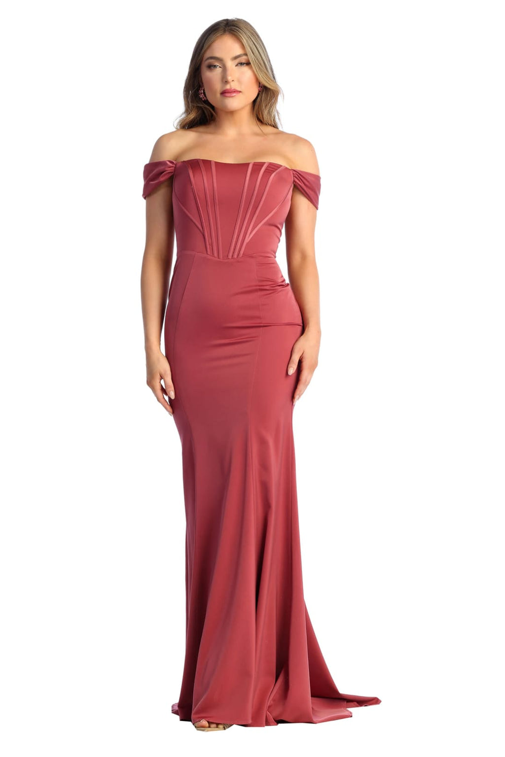 Off Shoulder Boned Bodice Evening Gown - LA1909 - Rose - La Merchandise