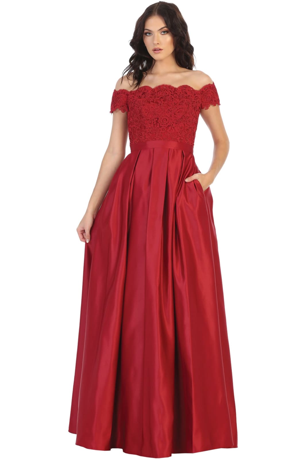 Off Shoulder Evening Gown with Pockets - LA1762 - BURGUNDY - LA Merchandise