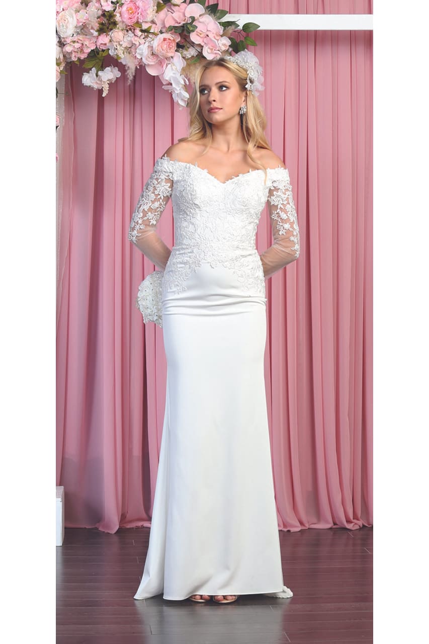 Off shoulder Long Sleeve Bridal Gown & Plus Size - LA7910B - IVORY - Dress LA Merchandise