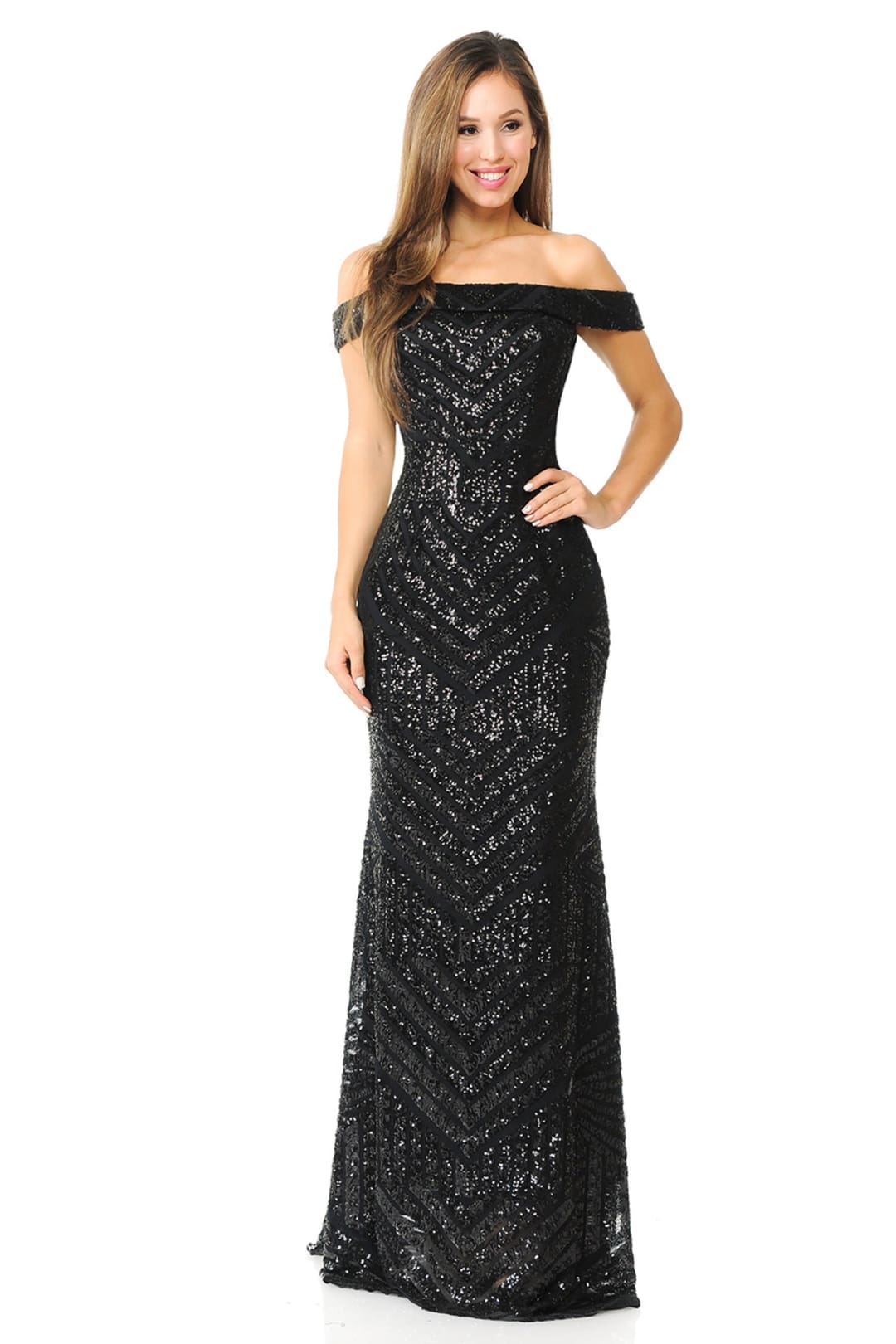 La Merchandise LAF5224 Sequined Off Shoulder Prom Wholesale Formal Gown - BLACK - LAF
