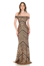 La Merchandise LAF5224 Sequined Off Shoulder Prom Wholesale Formal Gown - BLACK GOLD - LAF